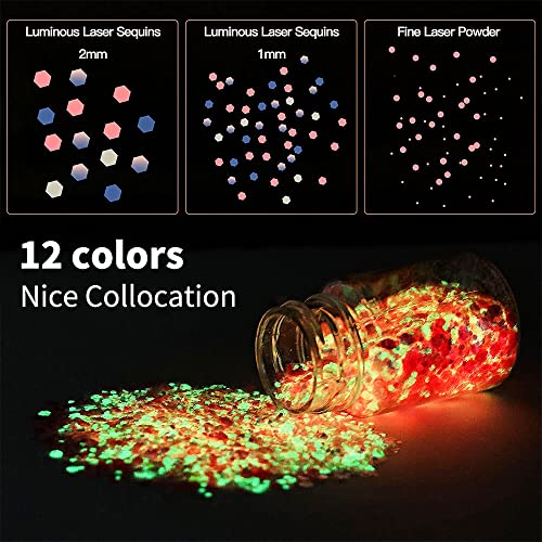 OSBANG Glow in The Dark Glitter 15 Jar - 12 Colors Glow Glitter and 3 Colors Gold Foil Flakes, High Luminous Glitter for Resin Crafts, Cosmetic, Nail, Glowing Dye for DIY