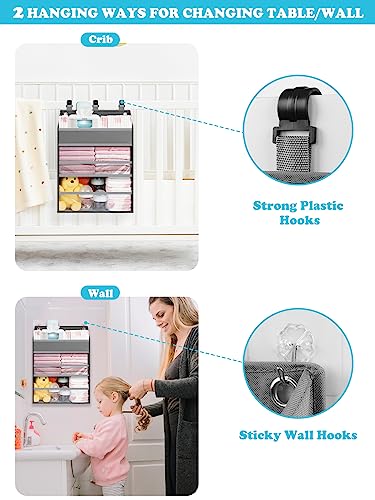 PHOTOONE Hanging Diaper Caddy Organizer - Crib Organizer–Spacious Baby Girl/Boy Diaper Organizer for Changing Table, Playpen, Wall- Hold 90+ Diapers- Nursery Baby Essentials Storage for Newborn, Gray