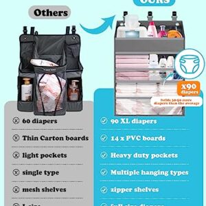 PHOTOONE Hanging Diaper Caddy Organizer - Crib Organizer–Spacious Baby Girl/Boy Diaper Organizer for Changing Table, Playpen, Wall- Hold 90+ Diapers- Nursery Baby Essentials Storage for Newborn, Gray