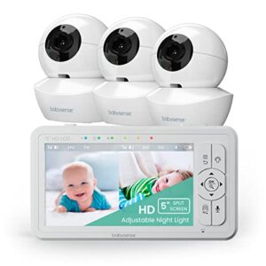 babysense 5" hd split-screen baby monitor, video baby monitor with camera and audio, three hd cameras with remote ptz, night light, 960ft range, two-way audio, 4x zoom, night vision, 4000mah battery