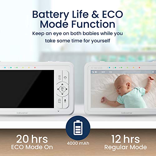 Babysense 5" HD Split-Screen Baby Monitor, Video Baby Monitor with Camera and Audio, Three HD Cameras with Remote PTZ, Night Light, 960ft Range, Two-Way Audio, 4X Zoom, Night Vision, 4000mAh Battery