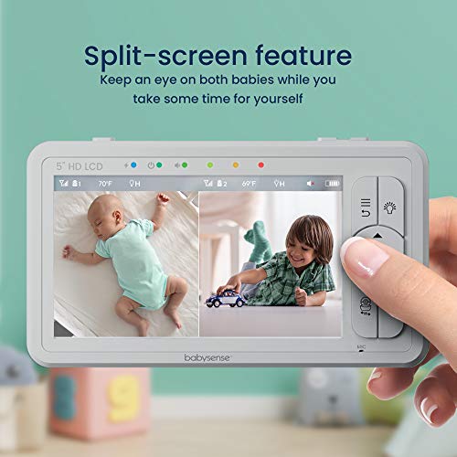Babysense 5" HD Split-Screen Baby Monitor, Video Baby Monitor with Camera and Audio, Three HD Cameras with Remote PTZ, Night Light, 960ft Range, Two-Way Audio, 4X Zoom, Night Vision, 4000mAh Battery