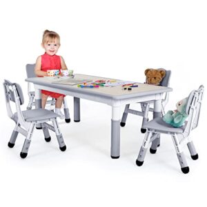 auag 47.2‘’ kid table and 4/6 chairs set, height adjustable toddler study table&chair set for age 2-10, multi-activity art table w/graffiti&scrubtable desktop, for daycare, classroom, home