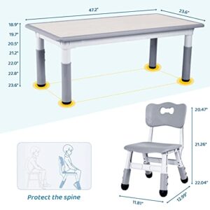 AuAg 47.2‘’ Kid Table and 4/6 Chairs Set, Height Adjustable Toddler Study Table&Chair Set for Age 2-10, Multi-Activity Art Table W/Graffiti&Scrubtable Desktop, for Daycare, Classroom, Home