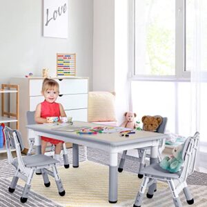 AuAg 47.2‘’ Kid Table and 4/6 Chairs Set, Height Adjustable Toddler Study Table&Chair Set for Age 2-10, Multi-Activity Art Table W/Graffiti&Scrubtable Desktop, for Daycare, Classroom, Home