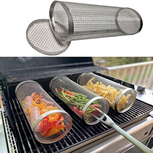 rolling grill basket - stainless steel barbecue cooking grill grate - outdoor round bbq campfire grill grid - camping picnic cookware bbq grill grate