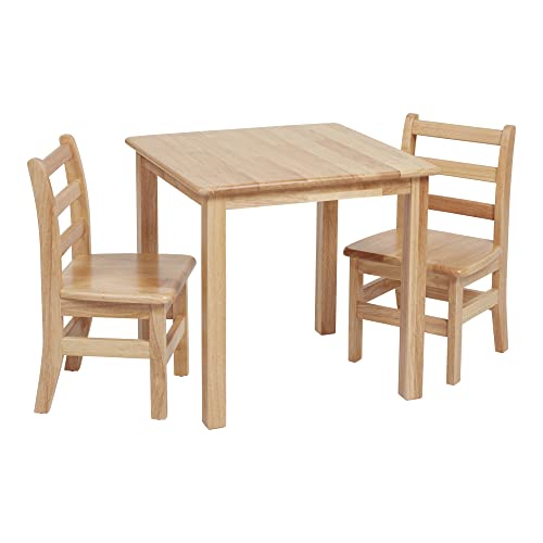 ECR4Kids 24in x 24in Hardwood Table and Chairs, 12in Seat Height, Kids Furniture, Natural, 3-Piece