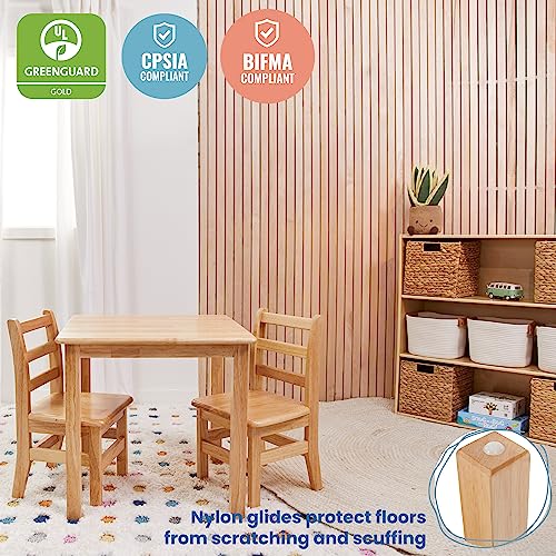 ECR4Kids 24in x 24in Hardwood Table and Chairs, 12in Seat Height, Kids Furniture, Natural, 3-Piece