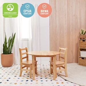 ECR4Kids 30in Round Hardwood Table and Chairs, 14in Seat Height, Kids Furniture, Natural, 3-Piece