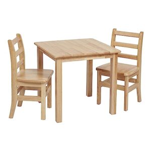 ecr4kids 24in x 24in hardwood table and chairs, 14in seat height, kids furniture, natural, 3-piece