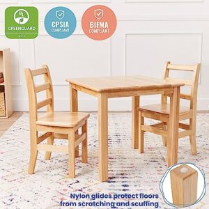 ECR4Kids 24in x 24in Hardwood Table and Chairs, 14in Seat Height, Kids Furniture, Natural, 3-Piece