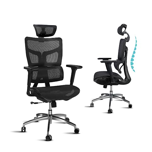 Kinna EK Ergonomic Office Chair, Home Office Mesh Chair with Adjustable 4D Headrest, 3D Armrest, Lumbar Support for Long Hours - High-Back Computer Chair with Tilt Function, 5-Year Warranty