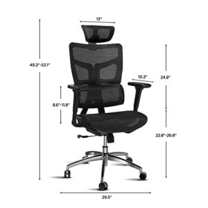 Kinna EK Ergonomic Office Chair, Home Office Mesh Chair with Adjustable 4D Headrest, 3D Armrest, Lumbar Support for Long Hours - High-Back Computer Chair with Tilt Function, 5-Year Warranty