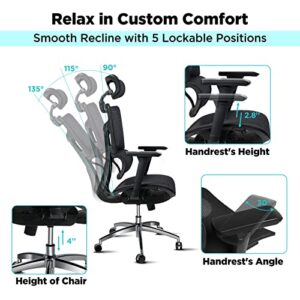 Kinna EK Ergonomic Office Chair, Home Office Mesh Chair with Adjustable 4D Headrest, 3D Armrest, Lumbar Support for Long Hours - High-Back Computer Chair with Tilt Function, 5-Year Warranty