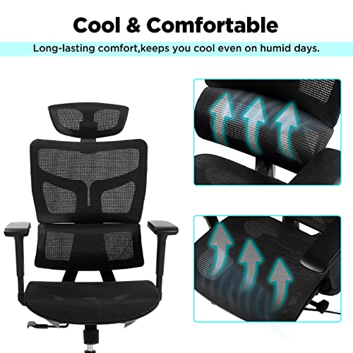 Kinna EK Ergonomic Office Chair, Home Office Mesh Chair with Adjustable 4D Headrest, 3D Armrest, Lumbar Support for Long Hours - High-Back Computer Chair with Tilt Function, 5-Year Warranty