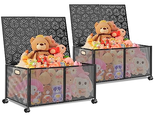 Haturi Large Metal Toy Box Storage, 2 Pack Large Toy Storage and Organizer with Metal Lid, Collapsible Sturdy Toy Organizer with Wheels, Storage Boxes Bins Baskets for Playroom, Living Room, Bedroom