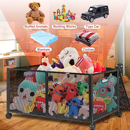 Haturi Large Metal Toy Box Storage, 2 Pack Large Toy Storage and Organizer with Metal Lid, Collapsible Sturdy Toy Organizer with Wheels, Storage Boxes Bins Baskets for Playroom, Living Room, Bedroom