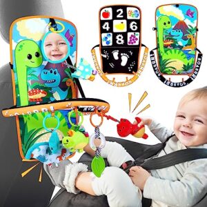 innofans baby car seat toys with dinosaurs toys - kick and play double sided infant car seat toys with plush toys, mirror, teether for baby, baby travel activities, newborn toys, infant toys