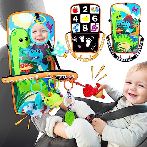 Innofans Baby Car Seat Toys with Dinosaurs Toys - Kick and Play Double Sided Infant Car Seat Toys with Plush Toys, Mirror, Teether for Baby, Baby Travel Activities, Newborn Toys, Infant Toys