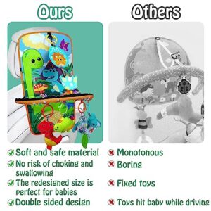 Innofans Baby Car Seat Toys with Dinosaurs Toys - Kick and Play Double Sided Infant Car Seat Toys with Plush Toys, Mirror, Teether for Baby, Baby Travel Activities, Newborn Toys, Infant Toys