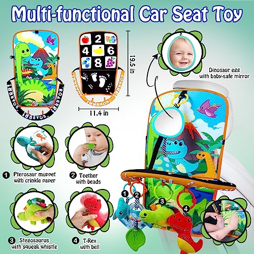 Innofans Baby Car Seat Toys with Dinosaurs Toys - Kick and Play Double Sided Infant Car Seat Toys with Plush Toys, Mirror, Teether for Baby, Baby Travel Activities, Newborn Toys, Infant Toys