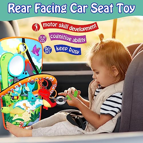 Innofans Baby Car Seat Toys with Dinosaurs Toys - Kick and Play Double Sided Infant Car Seat Toys with Plush Toys, Mirror, Teether for Baby, Baby Travel Activities, Newborn Toys, Infant Toys