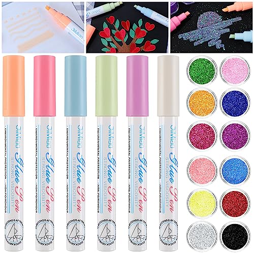 SAYEEC Scrapbook Quick Dry Glue Pen, 6 Pcs Adhesive Glue Pens with 12 Jars Fine Glitter, Crafting Fabric Liquid Glue Pen, Chisel Tip Dispensing Pen for Card Making, Papercrafts, DIY Foil-Stamping