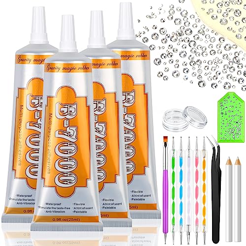 B7000 Adhesive Glue Rhinestone Kit, 4 x 15ML B-7000 Clear Craft Glue with Crystal Flatback Gems, Rhinestone Tools for Fabric, Cloth, Shoes, Nail Art, DIY Jewelry Making