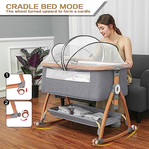 Mereryi Baby Bassinets Bedside Sleeper for Baby,Bassinet Bedside Sleeper with Wheels,Storage Basket,Mosquito Nets,Easy to Assemble Bassinet for Newborn/Infant,Adjustable Bedside Crib,Portable Baby Bed