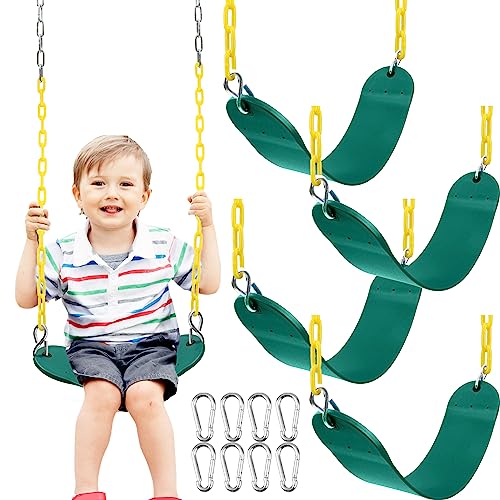 Puteraya 4 Pack Heavy Duty Swing Seat Swing Set Accessories Replacement with Plastic Coated Chains and Carabiner for Kids Adults Backyard Playground Outdoor Playset (Green)