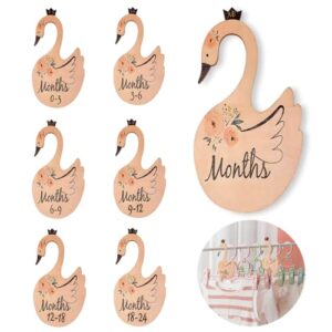 quaocens 7 pcs baby closet dividers, swan-shaped and flower pattern wooden baby clothes dividers for closet, marked newborn to 24 months of different ages, can be used to organize the baby closet.
