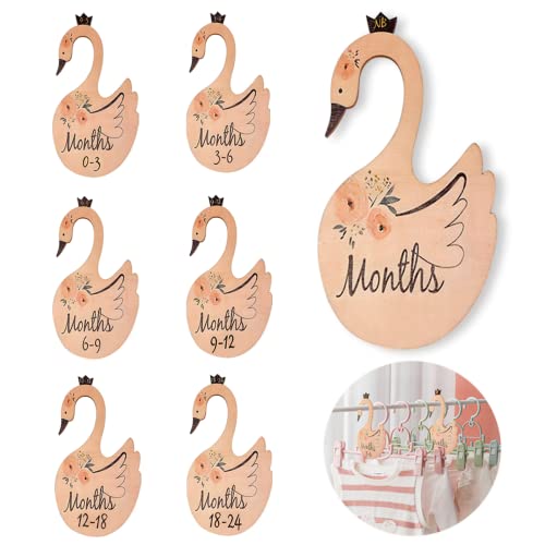 Quaocens 7 PCS Baby Closet Dividers, Swan-Shaped and Flower Pattern Wooden Baby Clothes Dividers for Closet, Marked Newborn To 24 Months Of Different Ages, Can Be Used To Organize The Baby Closet.