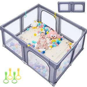 foldable baby playpen, ronipic playpen for babies and toddlers, adjustable shape, anti-slip base, 71"x59" extra large baby play yards with soft breathable mesh, sturdy baby fence with zipper gate,gray