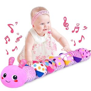 kmuysl baby toys 0 to 12 months, musical stuffed animal toys for 0-3-6-12 months, soft sensory toys with crinkle and rattles, infant tummy time toys for newborn boys girls, caterpillar, pink