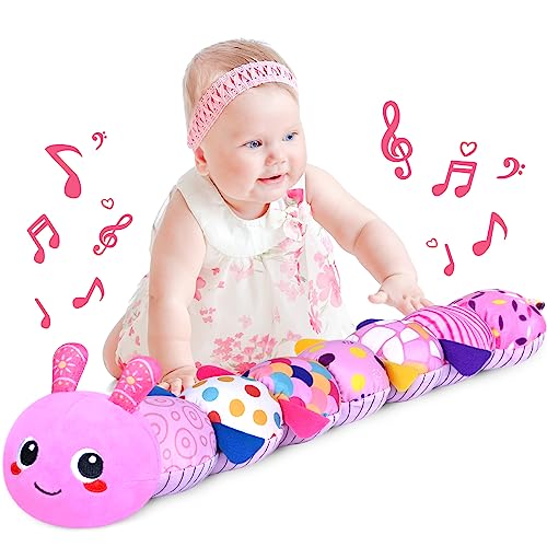 KMUYSL Baby Toys 0 to 12 Months, Musical Stuffed Animal Toys for 0-3-6-12 Months, Soft Sensory Toys with Crinkle and Rattles, Infant Tummy Time Toys for Newborn Boys Girls, Caterpillar, Pink