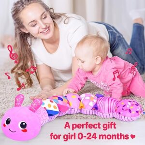 KMUYSL Baby Toys 0 to 12 Months, Musical Stuffed Animal Toys for 0-3-6-12 Months, Soft Sensory Toys with Crinkle and Rattles, Infant Tummy Time Toys for Newborn Boys Girls, Caterpillar, Pink