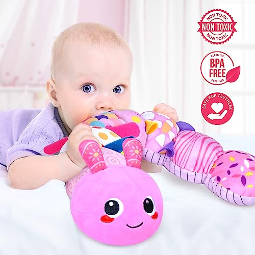 KMUYSL Baby Toys 0 to 12 Months, Musical Stuffed Animal Toys for 0-3-6-12 Months, Soft Sensory Toys with Crinkle and Rattles, Infant Tummy Time Toys for Newborn Boys Girls, Caterpillar, Pink