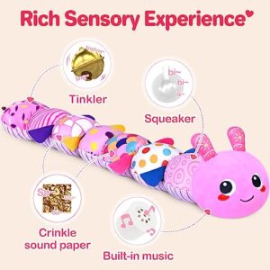 KMUYSL Baby Toys 0 to 12 Months, Musical Stuffed Animal Toys for 0-3-6-12 Months, Soft Sensory Toys with Crinkle and Rattles, Infant Tummy Time Toys for Newborn Boys Girls, Caterpillar, Pink