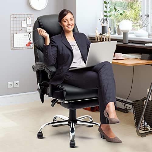 Massage Reclining Office Chair with Footrest, Home Office Chair with Lumbar Pillow, Comfortable Office Chair Computer Desk Chair with Height and Back Angle Adjustable, 280 lb Capacity, Black