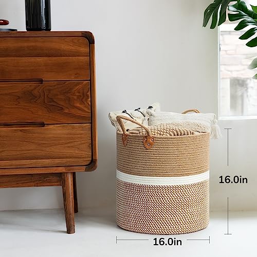 TIMEYARD Large Woven Baskets for Storage, 16'' x 16'' Blanket Storage for Living Room Toy Baskets Storage Kids, Big Laundry Basket for Dirty Clothes Pillows, White