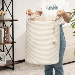 TIMEYARD Large Woven Baskets for Storage, 16'' x 20'' Tall Rope Basket with Handle for Blankets Toy Baskets Storage Kids, Nursery Laundry Baskets for Clothes Pillows Towel, White