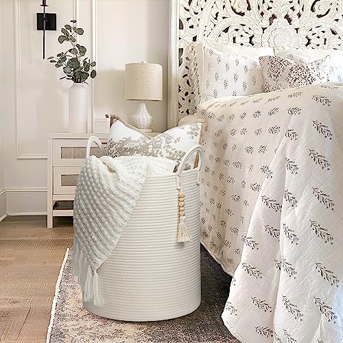 TIMEYARD Large Woven Baskets for Storage, 16'' x 20'' Tall Rope Basket with Handle for Blankets Toy Baskets Storage Kids, Nursery Laundry Baskets for Clothes Pillows Towel, White