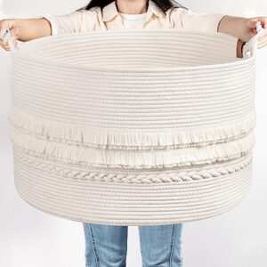 timeyard large decorative basket, 21.7'' x 13.8'' cotton rope blanket basket living room toy baskets storage kids, baby laundry baskets for dirty clothes pillows towel, 90l white
