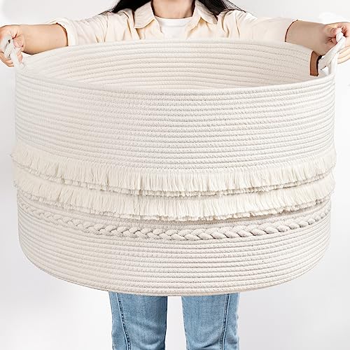 TIMEYARD Large Decorative Basket, 21.7'' x 13.8'' Cotton Rope Blanket Basket Living Room Toy Baskets Storage Kids, Baby Laundry Baskets for Dirty Clothes Pillows Towel, 90L White