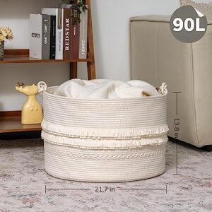 TIMEYARD Large Decorative Basket, 21.7'' x 13.8'' Cotton Rope Blanket Basket Living Room Toy Baskets Storage Kids, Baby Laundry Baskets for Dirty Clothes Pillows Towel, 90L White