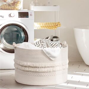 TIMEYARD Large Decorative Basket, 21.7'' x 13.8'' Cotton Rope Blanket Basket Living Room Toy Baskets Storage Kids, Baby Laundry Baskets for Dirty Clothes Pillows Towel, 90L White
