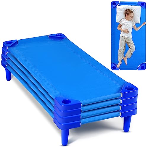 Geetery 4PCS Stackable Daycare Cot for Kid 54" L x 23" W Portable Toddler Nap Cot for Sleeping Preschool Classroom Daycare Bed Furniture, Ready to Assemble for Sleep, Back to School (Blue)