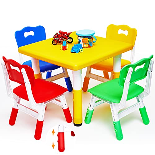 BBTO Kids Study Table and 4 Chair Set Height Adjustable Children Table and Chairs Set Kids Dining Table with Chairs for Toddler Ages 3-10, for Home, Daycare, Classroom, Easy to Wipe
