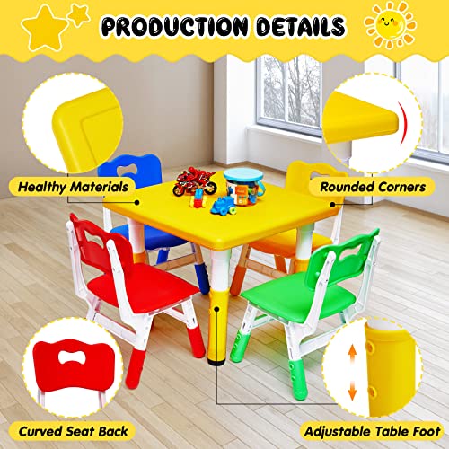 BBTO Kids Study Table and 4 Chair Set Height Adjustable Children Table and Chairs Set Kids Dining Table with Chairs for Toddler Ages 3-10, for Home, Daycare, Classroom, Easy to Wipe