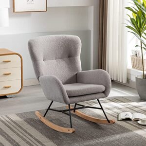 westice rocking chair rocker glider chair for nursery accent teddy upholstered chair with padded seat & high backrest armchair comfy side chair for living room bedroom offices (gray)